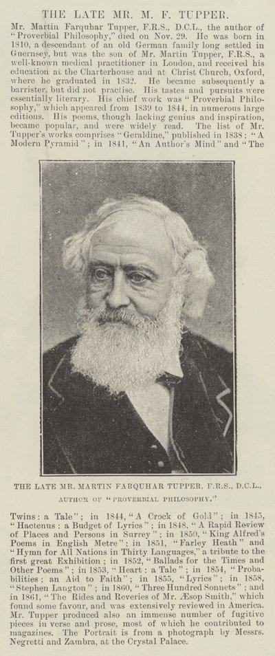 O falecido Sr. Martin Farquhar Tupper, FRS, DCL, Autor de Filosofia Proverbial de English Photographer