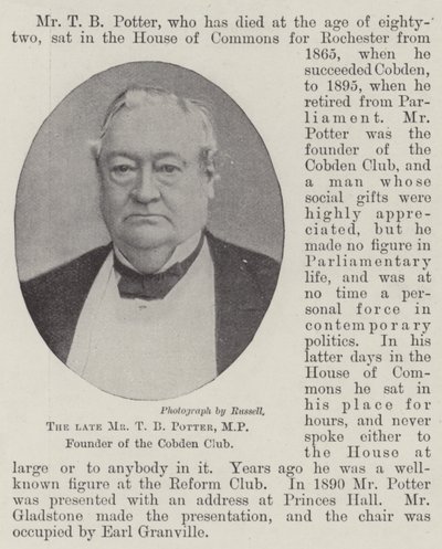 O falecido Sr. TB Potter, MP, Fundador do Clube Cobden de English Photographer