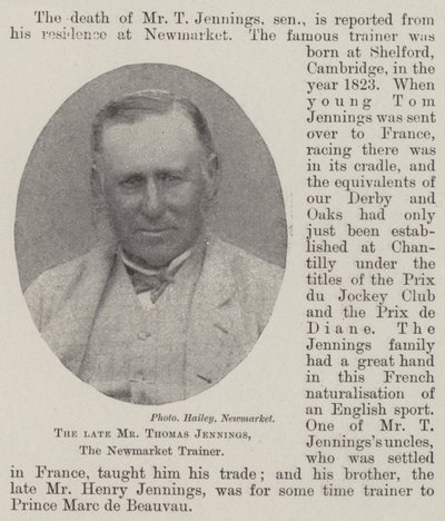 O falecido Sr. Thomas Jennings, o instrutor de Newmarket de English Photographer