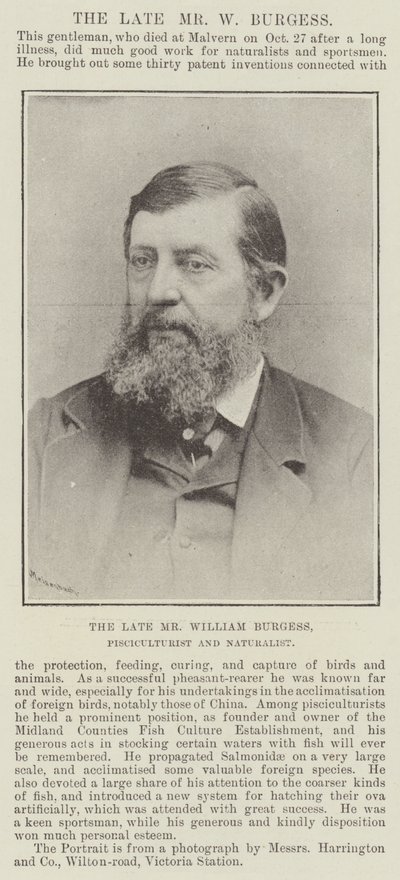 O falecido Sr. William Burgess, Pisciculturista e Naturalista de English Photographer