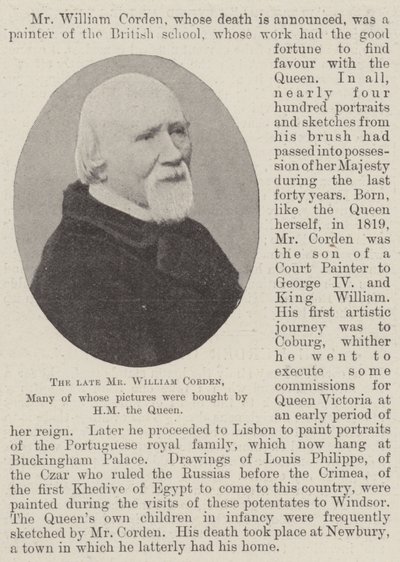 O falecido Sr. William Corden, Muitas de cujas fotos foram compradas por HM a Rainha de English Photographer