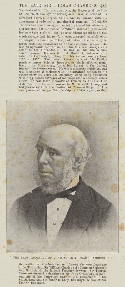 O falecido gravador de Londres, Sir Thomas Chambers, QC de English Photographer