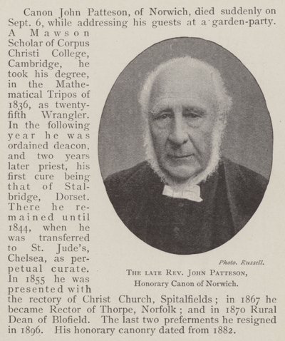 O falecido reverendo John Patteson, honrado Canon de Norwich de English Photographer