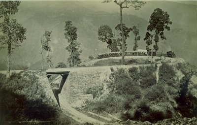 A volta em Agony Point, em Tindharia, na ferrovia do Himalaia de Darjeeling, década de 1880 (impressão de albume) de English Photographer