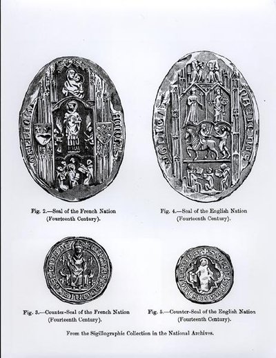 Selos das Nações Francesa e Inglesa do século XIV, ilustração de &39;Ciência e Literatura da Idade Média e do Renascimento&39;, escrita e gravada por Paul Lacroix de English School