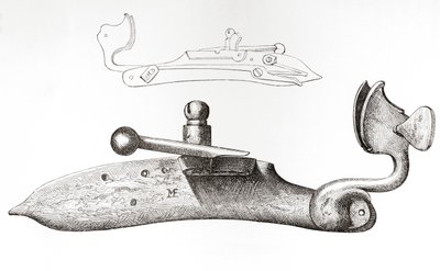 Matchlock do século XVII. Mecanismo ou fechadura utilizada para disparar uma arma de fogo manual, do Exército Britânico: As suas Origens, Progresso e Equipamento, publicado em 1868. de English School