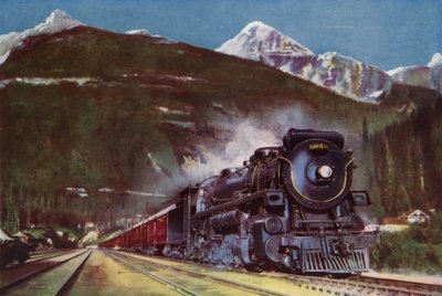 2-10-4 locomotiva a vapor da Canadian Pacific Railway no sopé das Montanhas Rochosas, Canadá (cor litho) de English School