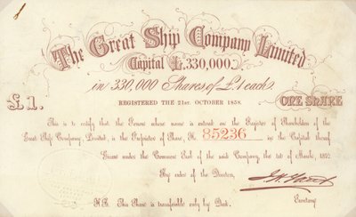 Um certificado de ações de £ 1 emitido pela The Great Ship Company Limited de English School