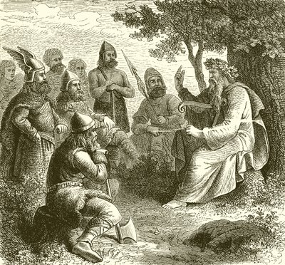 Um bardo cantando os feitos dos guerreiros Teuton de English School