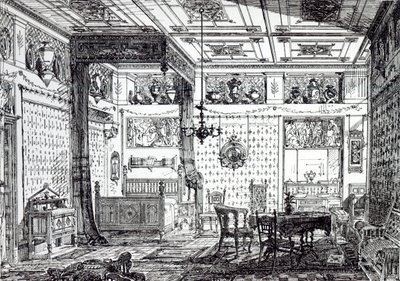 Um quarto de cama, de &39;The House-Furnisher e Decorator, 1 de dezembro de 1872 de English School
