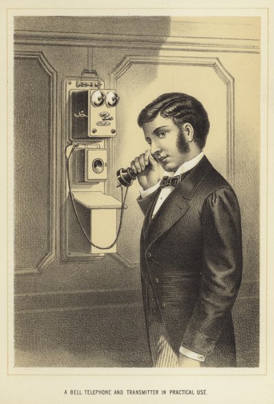 Um telefone e transmissor Bell em uso prático de English School