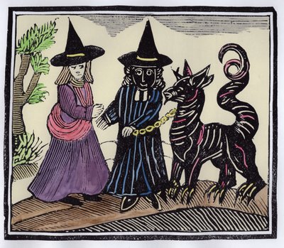 Uma bruxa preta e branca com um animal do diabo, ilustração de uma coleção de chapbooks sobre esoterica (posterior coloração) de English School