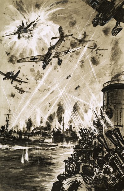 Um comboio britânico na Segunda Guerra Mundial sob ataque do alemão Stukas de English School