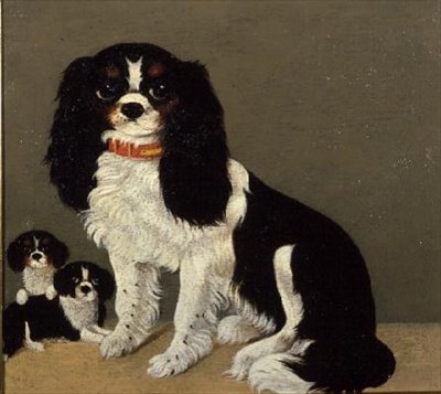 Um Cavalier King Charles Spaniel com filhotes (par de 64046) de English School