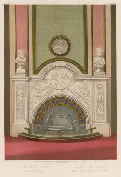 Um pedaço de chaminé por J Thomas, escultor; Grelha Esmaltada, Srs. Stuart e Smith Sheffield de English School