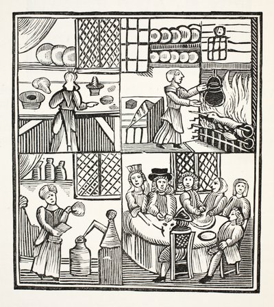 Uma coleção de recibos da cozinha, ilustração dos Chapu-livros do século XVIII por John Ashton, bar. 1882 de English School