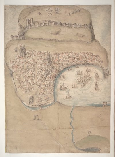 Um plano colorido ou vista aérea da cidade e do castelo de Scarborough de English School