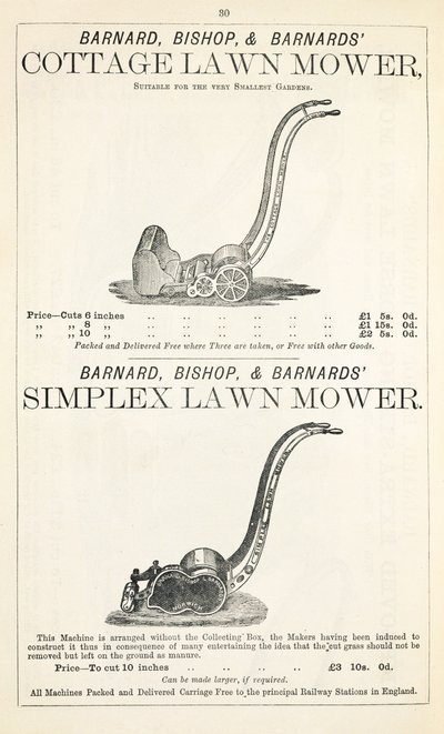 Um cortador de grama Cottage e Simplex, ilustração de um catálogo de jardinagem, publicado por Barnard Bishop & Barnard, 1878 de English School
