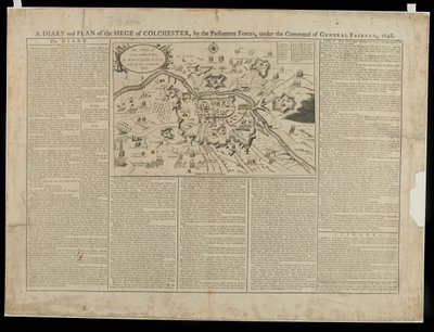 Um Diário e Plano Pictórico do Cerco de Colchester 1648, impresso e vendido por W. Keymer, 1648 de English School