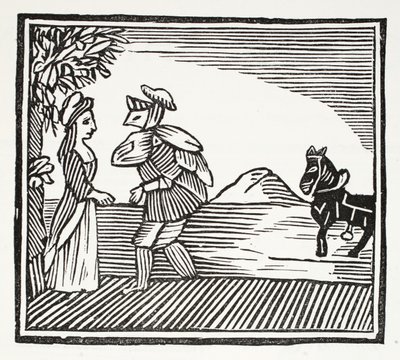 Um cavalheiro que vai consultar com a mamã Bunch, ilustração dos Chap-livros do século XVIII por John Ashton, bar. 1882 de English School