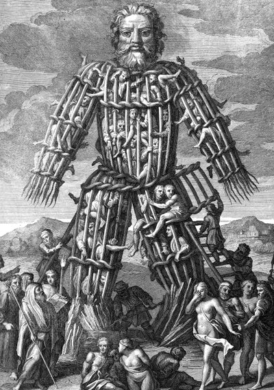 Um enorme colosso feito de galhos de Osier, no qual homens foram queimados vivos em honra dos deuses, gravados por Cornelis Huyberts, ilustração para Caesars Commentaries traduzidos para o inglês por William Duncan, de English School