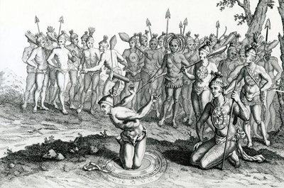 Um rei da Flórida consultando seu mago antes de ir para Battle, ilustração tirada de Moores Voyages and Travels, 1778 de English School