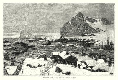 Uma aldeia Lofoten durante a época de pesca (gravura) de English School