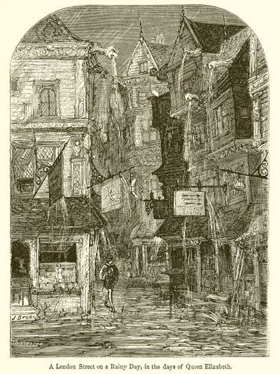 Uma rua de Londres em um dia chuvoso, nos dias da rainha Elizabeth de English School