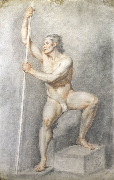Um macho nu segurando uma equipe, c.1770 (giz colorido sobre papel) de English School