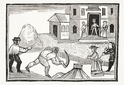 Um homem que sega da grama com um Scyth, que tomou tudo antes dele, ilustração dos Chap-livros do século XVIII por John Ashton, bar. 1882 de English School