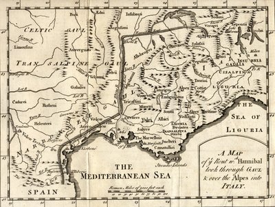 Um Mapa da Rota Aníbal atravessou a Gália e os Alpes para a Itália de English School