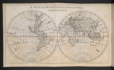 Um mapa do mundo, no qual são delineadas as viagens de Robinson Crusoe de English School