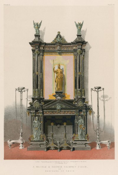 Uma peça de chaminé em mármore e bronze de Marchand de Paris (cromolitho) de English School