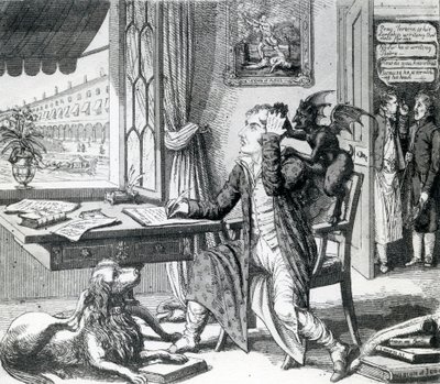 Um poeta nobre - arranhando suas idéias, publicado por J. Johnston, 1823 de English School