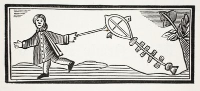 Um papagaio de papel que monta o ar elevado, ilustração dos Chap-livros do século XVIII por John Ashton, bar. 1882 de English School