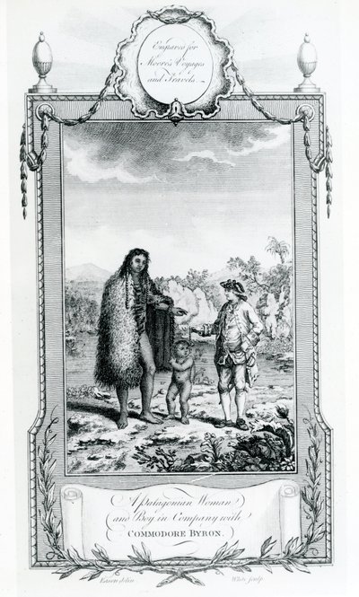 Uma mulher da Patagônia e um menino em companhia com o Comodoro Byron, ilustração tirada de Moores Voyages and Travels, 1778 de English School