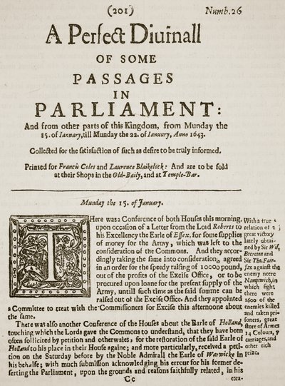 Um Perfeito Diurno, fac-símile da Primeira Página da Edição 26, 1643, ilustração da História Ilustrada de Cassells da Inglaterra (foto em sépia) de English School
