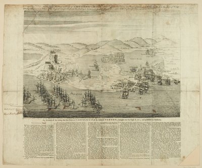 Um projecto de perspectiva da cidade, Porto e Fortes de Carthagena em 1739, publicado em 1741 (linha de gravura) de English School