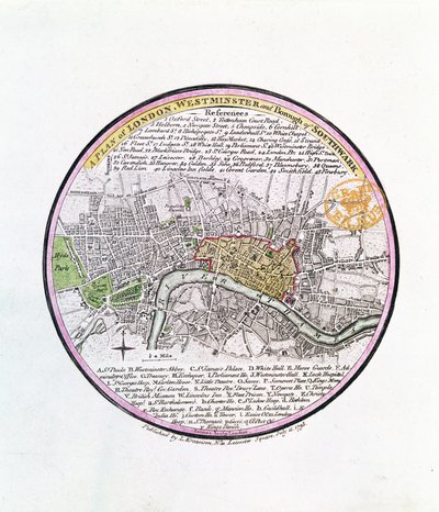 Um plano de Londres, Westminster e Borough of Southwark, 1793 (gravura colorida à mão) de English School