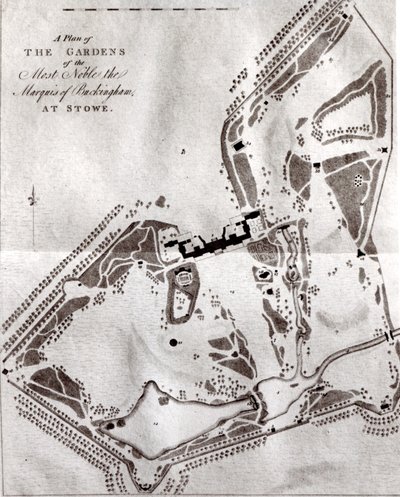 Um Plano dos Jardins do Marquês Mais Nobre de Buckingham em Stowe, do Guia de Visitantes, publicado em 1797 (ver 140582 para o plano anterior de Charles Bridgeman) de English School