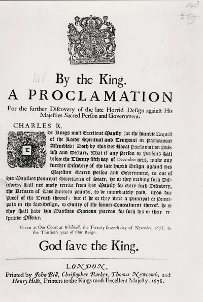 Uma Proclamação do Rei, para a Descoberta Adicional do Projeto Horripilante Contra Sua Majestade Pessoas e Governo Sagrados, 27 de novembro de 1678 de English School