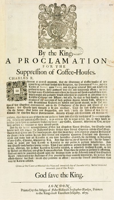 Proclamação do Rei para a Supressão de Cafés, 1675 de English School