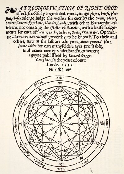 A Prognostication of Right Good, de Leonard Dygges, impresso por Thomas Gemini, Blacke Friars, Londres, 1555 de English School