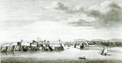 Uma perspectiva do castelo Moro e da cidade de Havana a partir do mar, gravada por Pierre Charles Canot a partir de um desenho de um oficial da marinha britânica, 1818 de English School