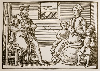 Uma Família Puritana, do Tenor dos Salmos Inteiros em Quatro Partes, 1563 (foto sépia) de English School