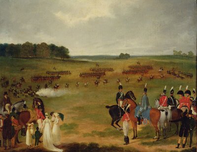 Uma revisão da Cavalaria Voluntária de Londres e da Artilharia Voadora em Hyde Park, em 1804, c.1804 (óleo a bordo colocado no painel) de English School