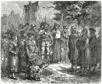 Um cavaleiro ladrão exigindo tributo, 1882 de English School