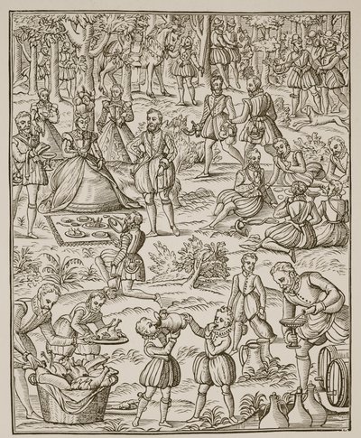 Piquenique Real, prato da Noble Art of Venerie e Hunting de George Turberville, 1575 (foto sépia) de English School