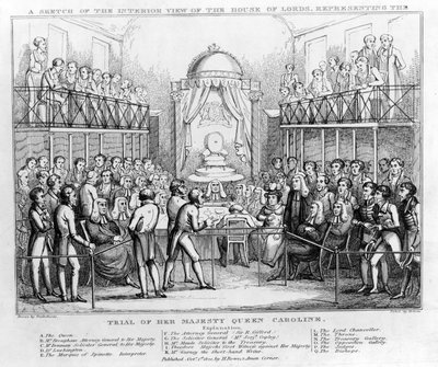Um Esboço da Vista Interior da Casa dos Lordes, representando o Julgamento de Sua Majestade a Rainha Carolina, pub. 1820 (gravura a preto e branco) de English School