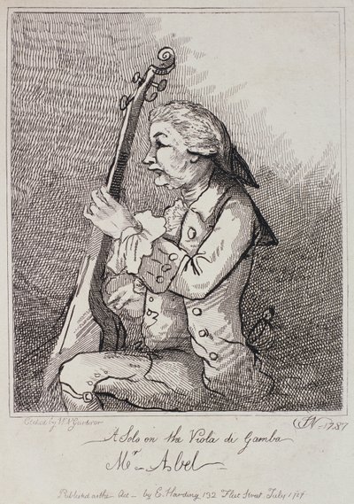 Um solo na Viola da Gamba, Carl Friedrich Abel (1723-1787), gravado por William Nelson Gardiner (1766-1814) 1787 de English School